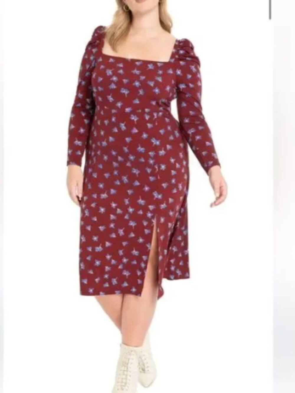 Eloquii Floral Midi Dress Womens 16 Burgundy Square Neck Puff Sleeve Slit Boho